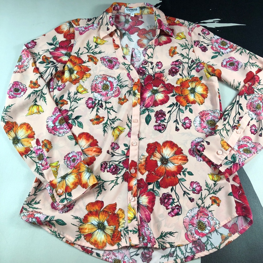 Express Portofino Shirt Peach Pink Floral Pint
